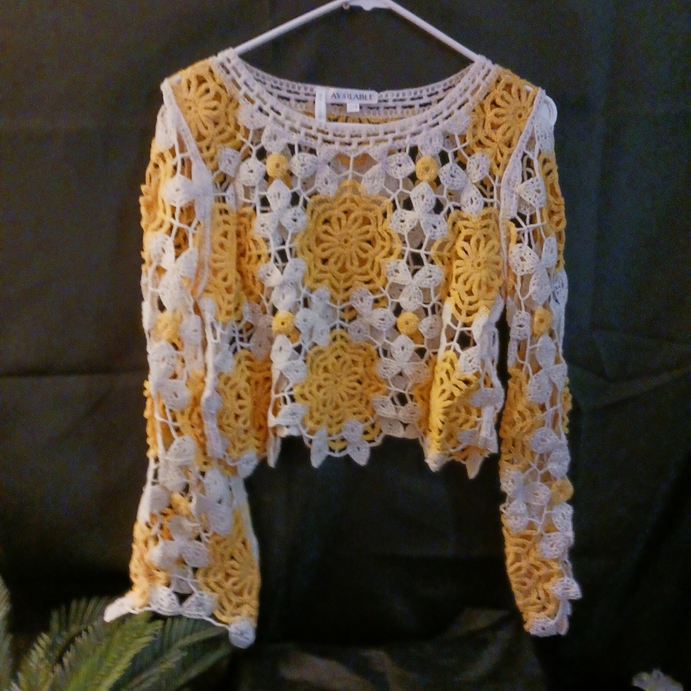 Yellow & White French Crochet Cropped Top | Boho Statement Sleeves | OSFM